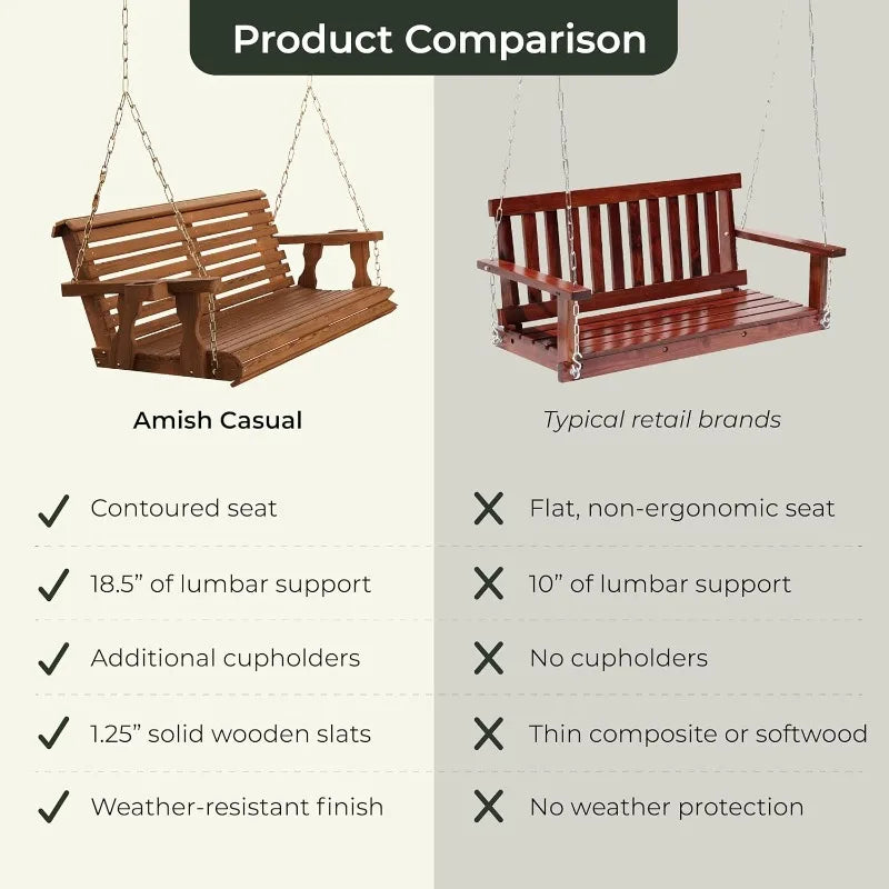 6FT Porch Swing, 700LB Capacity, Cup Holders, Treated Pine, USA Made