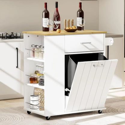 Rolling Kitchen Island with Trash Can Storage