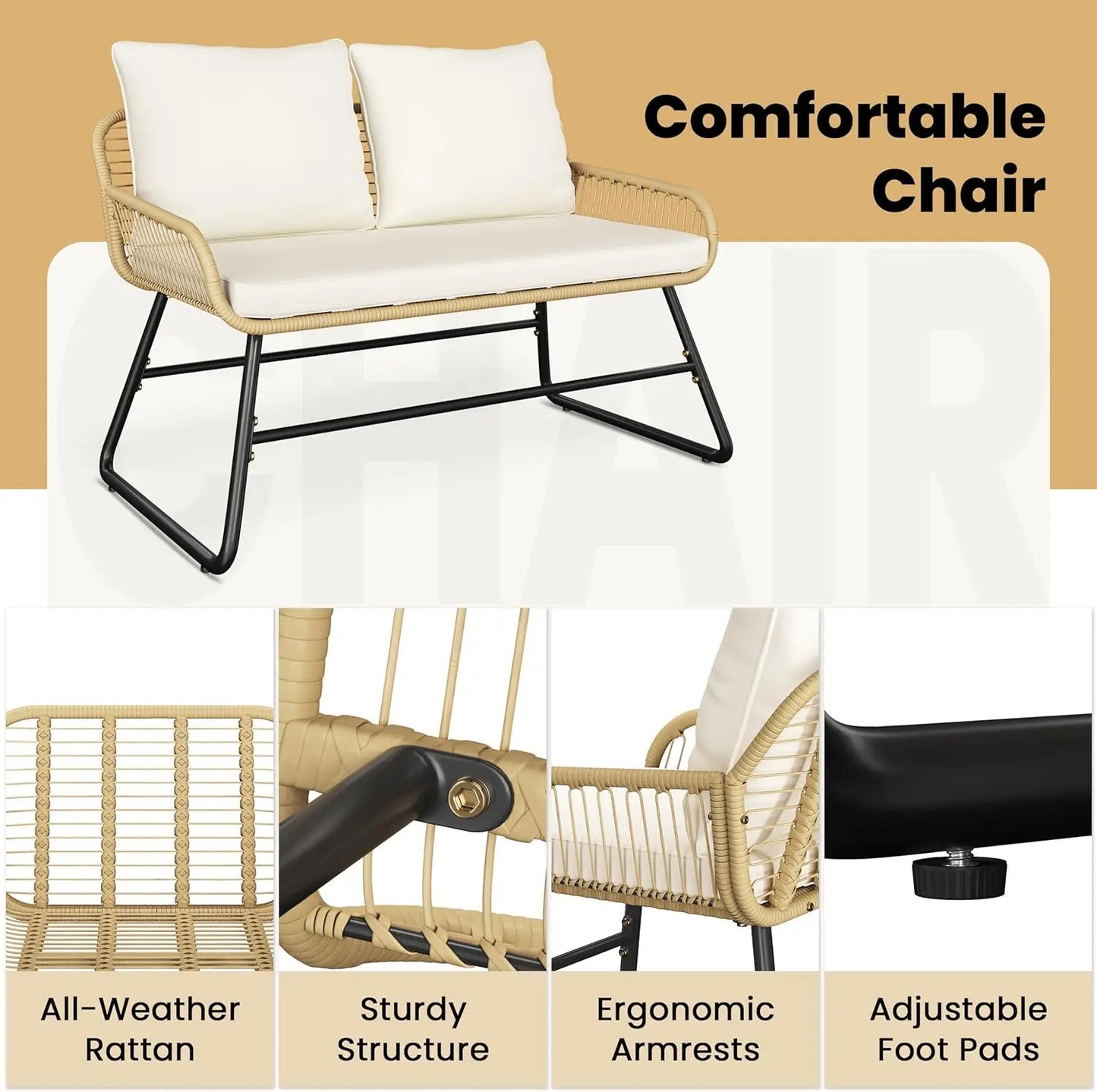 4 Piece Patio Furniture Set, Outdoor Wicker Conversation Sets