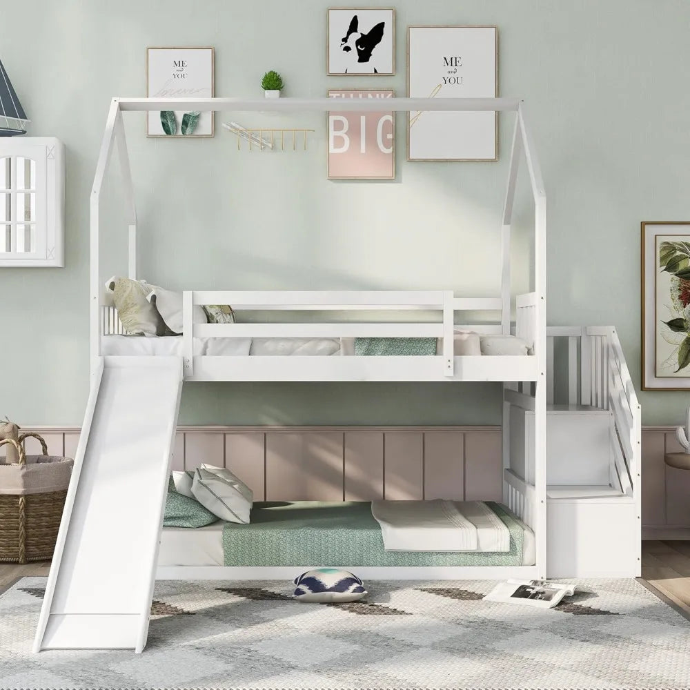 Twin Over Twin Bunk Bed with Slide, Solid Wood