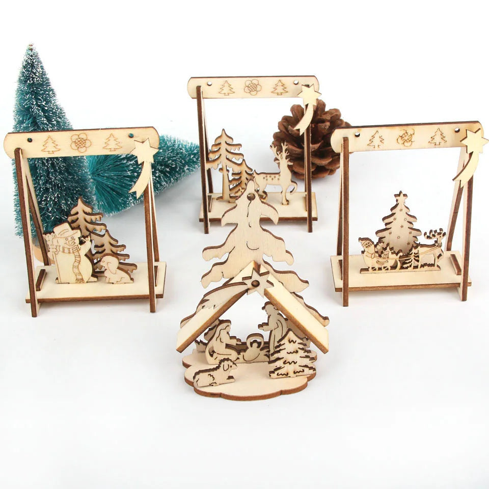 4PCS/Lot DIY Creative Mini Hollow Christmas Wooden Ornaments