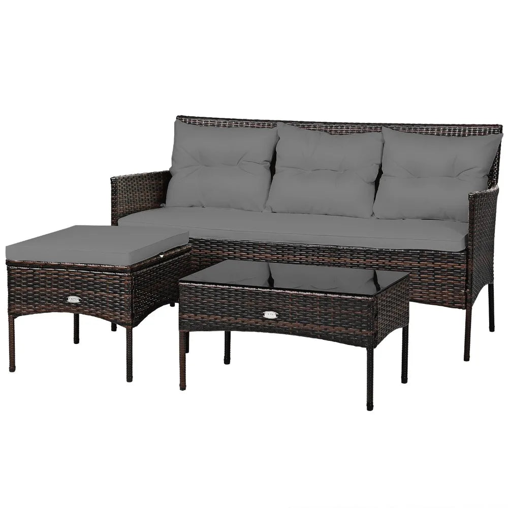 Patio 3PCS Rattan Furniture Set 3-Seat Sofa Cushioned Table Garden Gray