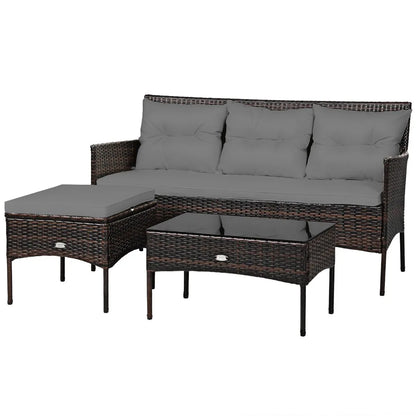 Patio 3PCS Rattan Furniture Set 3-Seat Sofa Cushioned Table Garden Gray
