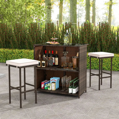 3 PCS Patio Bar Set w/ Tempered Glass Tabletop 2-Tier Storage Removable Cushions
