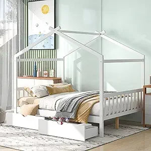 Floor House Bed Frame Twin Size with Headboard & Footboard