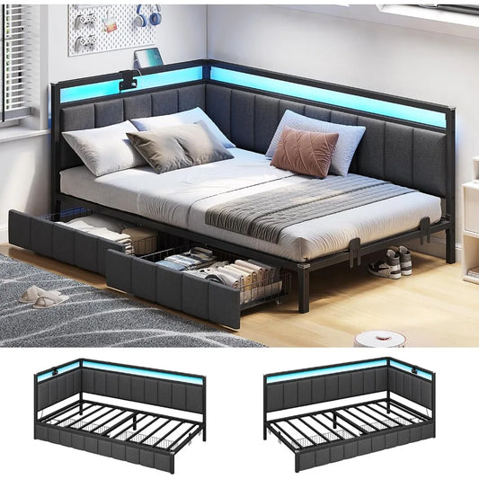Corner Bed Frame with Storage Drawers, Twin