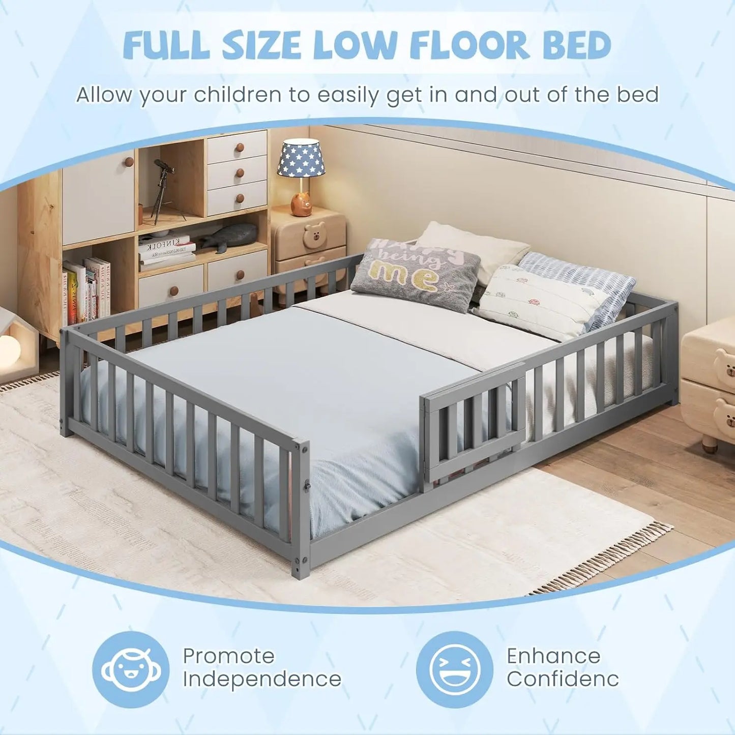 Full Size Kids Floor Bed, Wood Slats & Safety Guardrails