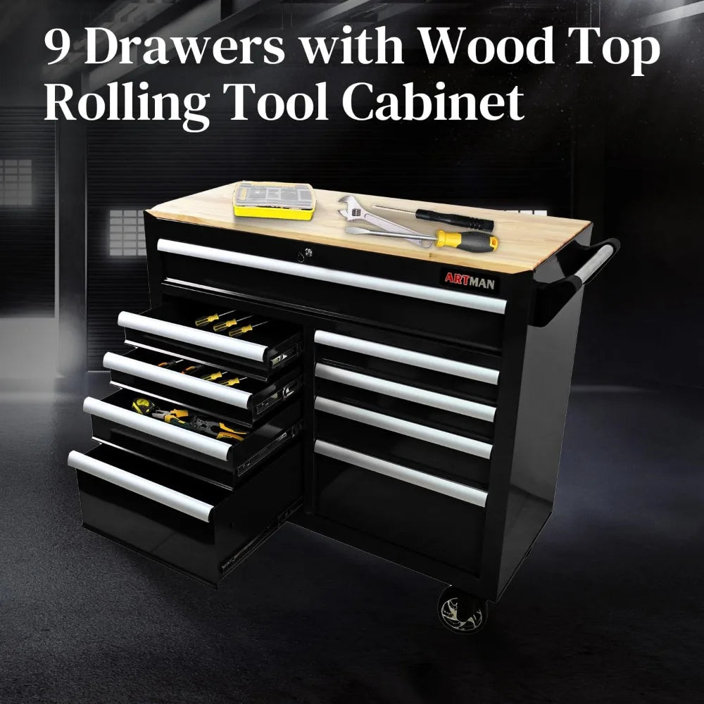 Heavy Duty Rolling Chest with 9-Drawer Wood Top