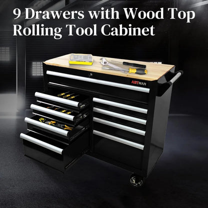 Heavy Duty Rolling Chest with 9-Drawer Wood Top