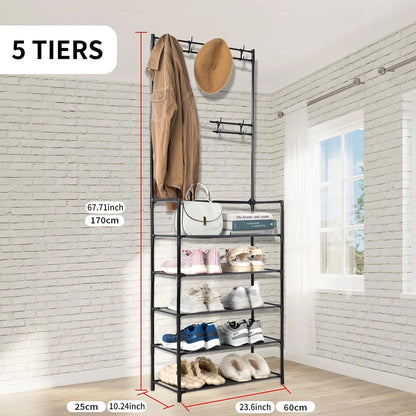 Entryway Coat Rack, Shoe Rack, with 4-Tier Storage Shelves and 8 Double Hooks