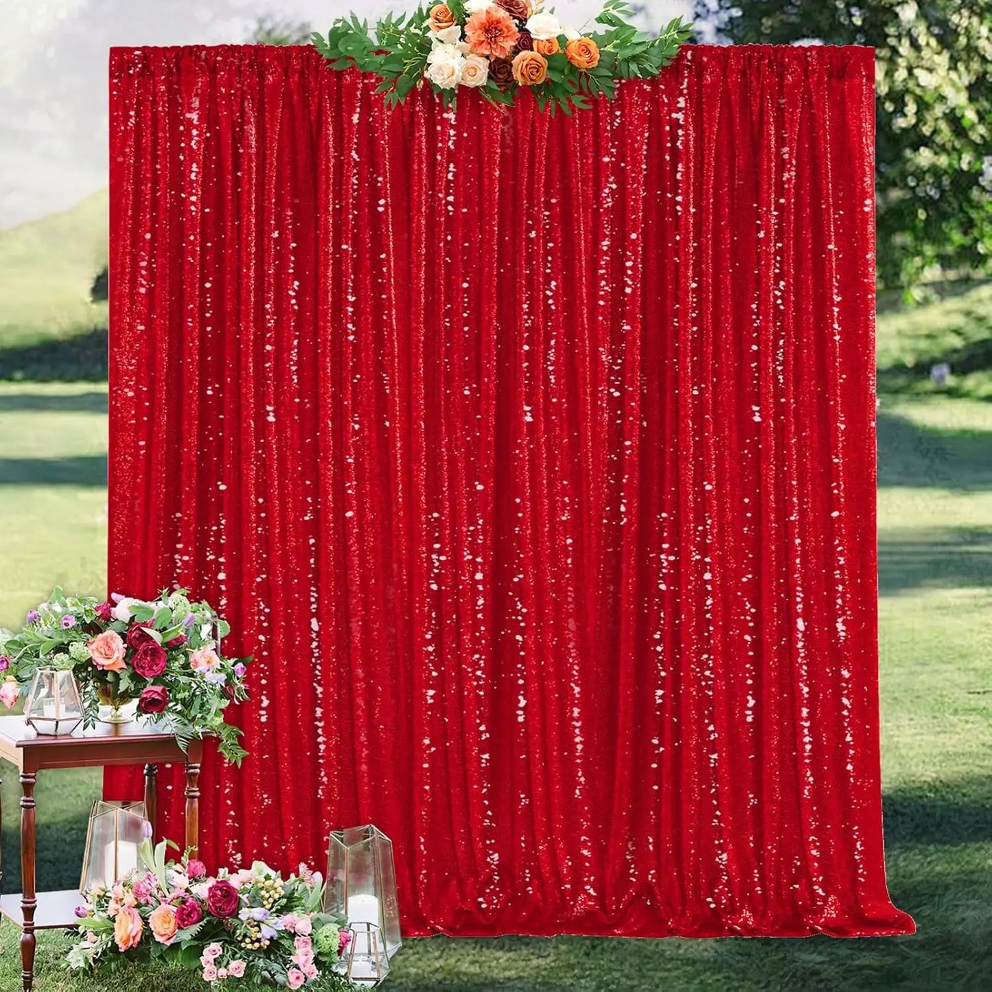 Red Sequin Backdrop Curtains 1Pcs 7ftx7ft Glitter Red Photo Backdrop Drapes Party Wedding Baby Shower Curtain Sparkle Photograph
