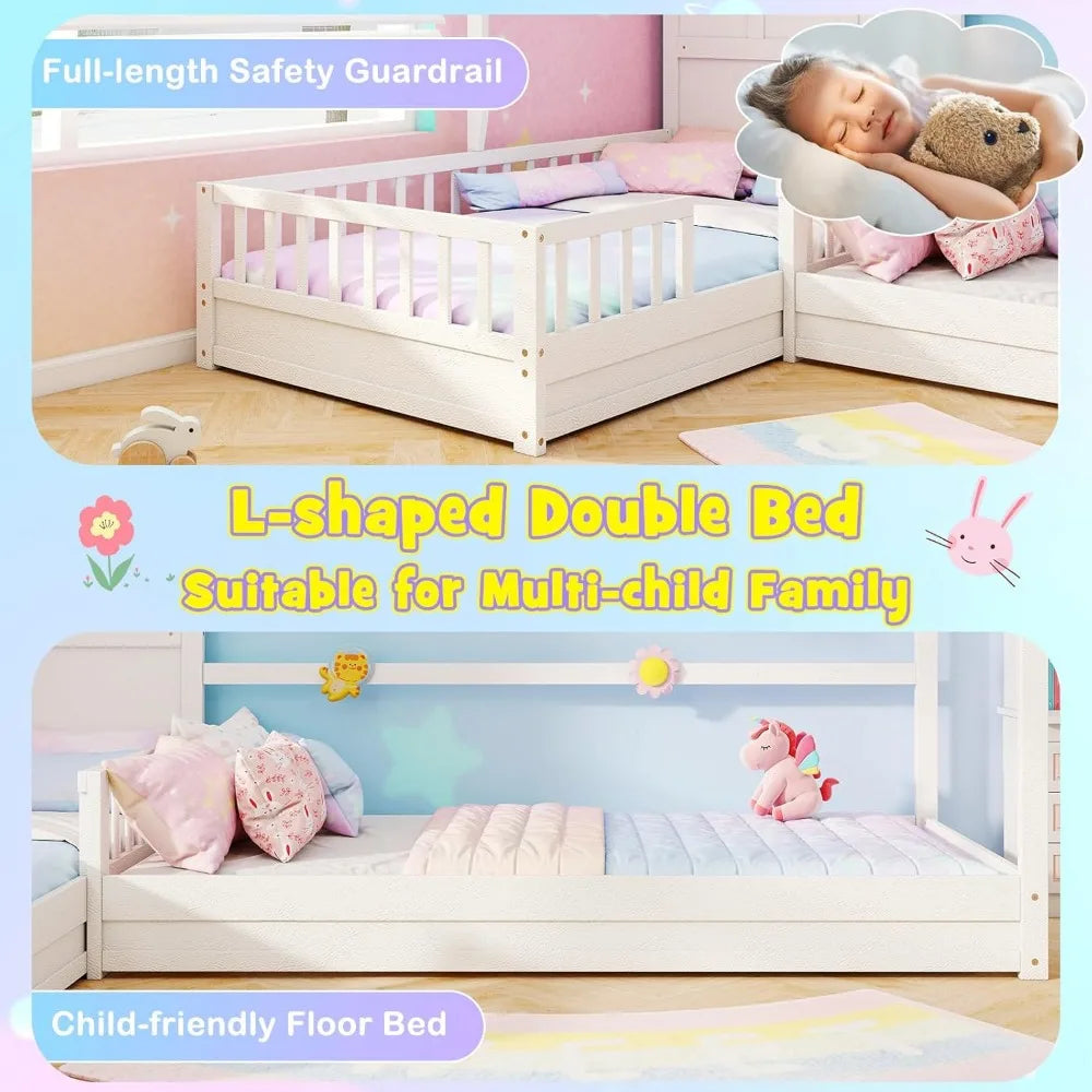 L Shaped Twin Beds for Kids Double, Wooden, Fence & Slats