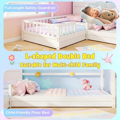 L Shaped Twin Beds for Kids Double, Wooden, Fence & Slats