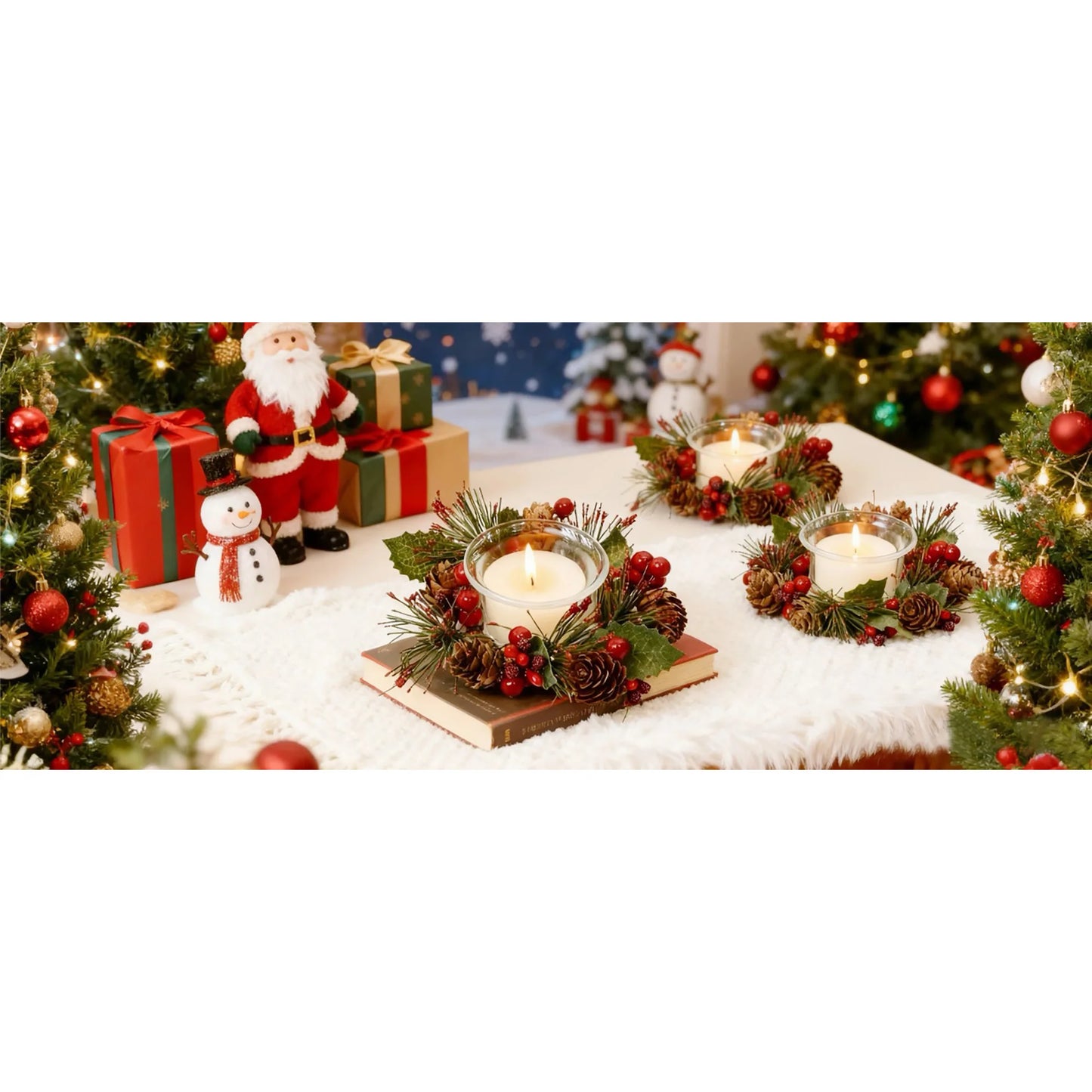 Elegant Christmas Candle Ring with Soft LED Glow and Glass Cup