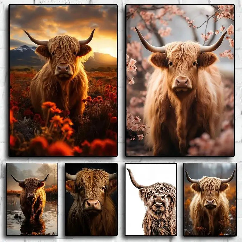 Scottish Highland Cow Floral Portrait Canvas Wall Art