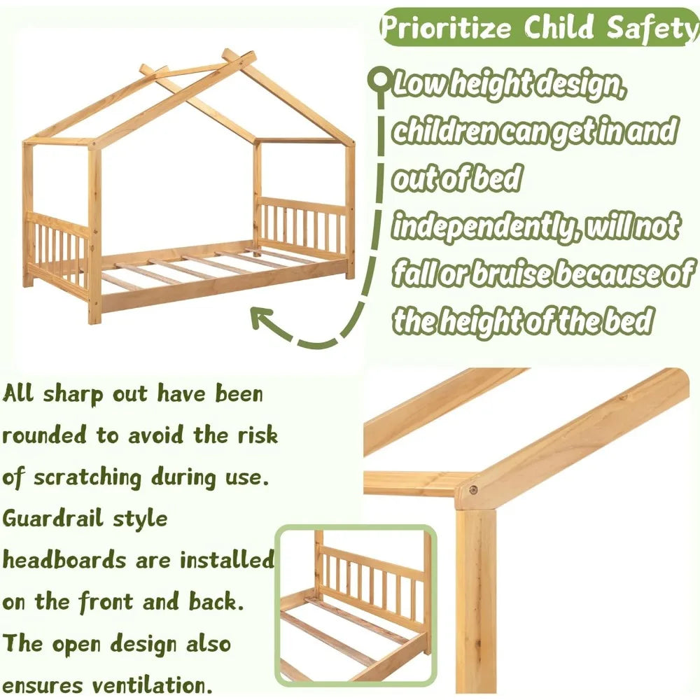 Floor House Bed Frame Twin Size with Headboard & Footboard