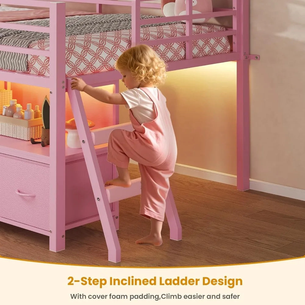Low Loft Bed Twin Size with 7 Storage Drawers, Bookcase and LED Lights