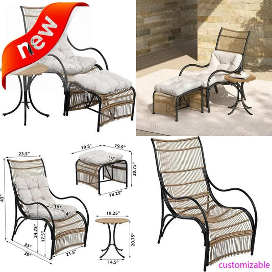 3-Piece Patio  Set: Wicker Outdoor Lounge Chairs with Footrests and Acacia Wood Table