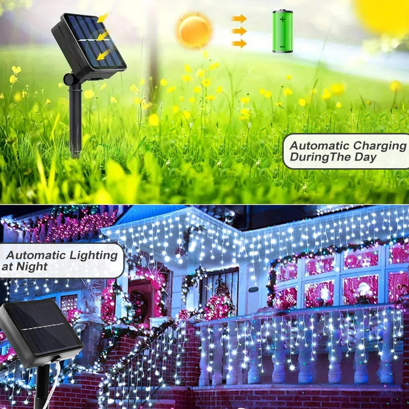 Solar LED Eaves Icicle String Lights 8 Lighting Modes
