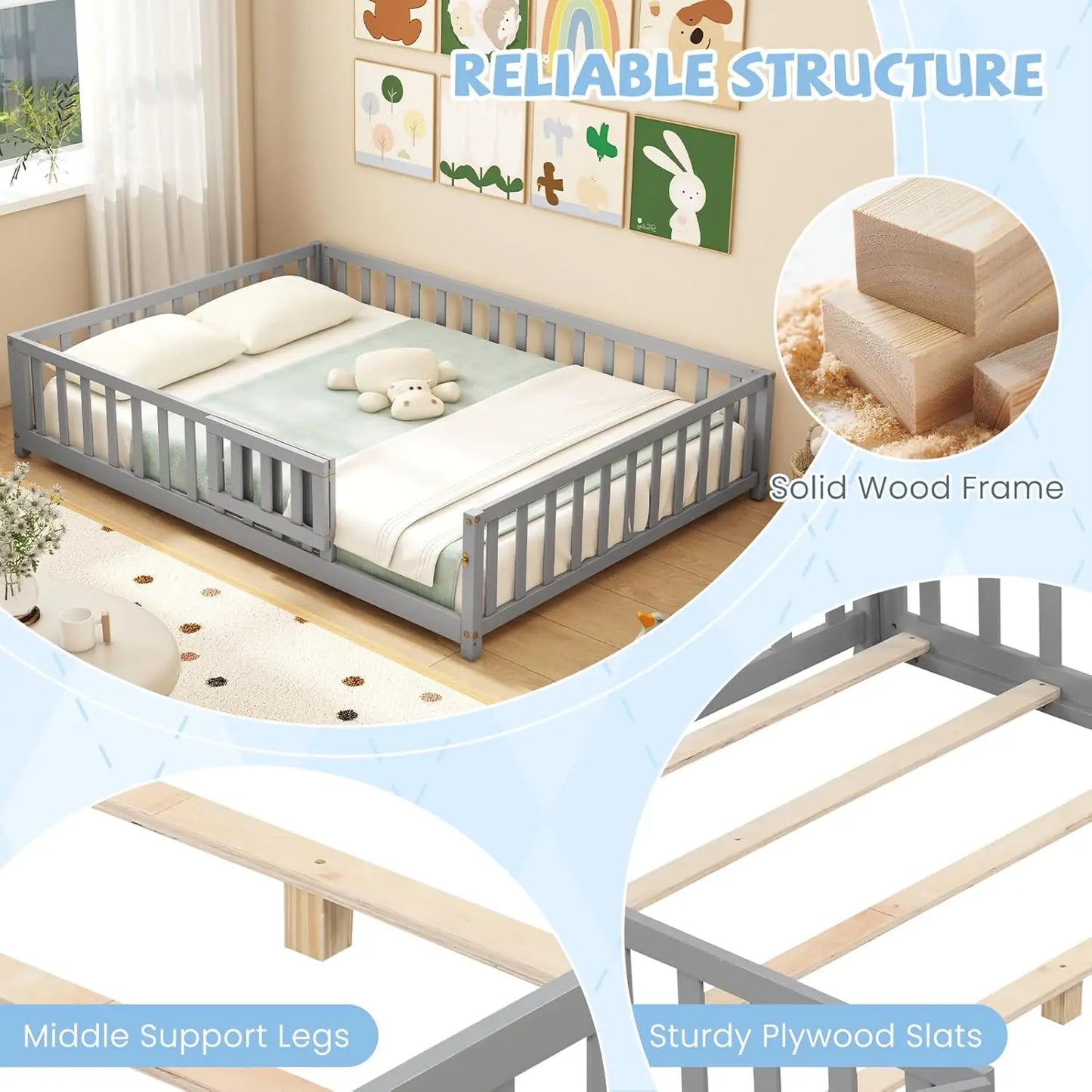 Full Size Kids Floor Bed, Wood Slats & Safety Guardrails