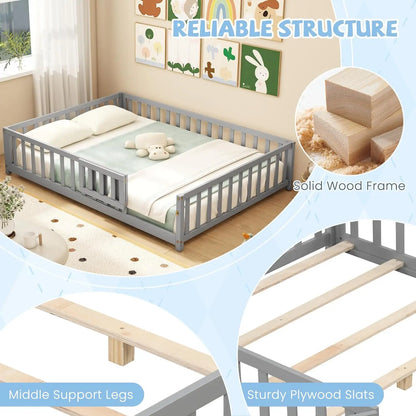 Full Size Kids Floor Bed, Wood Slats & Safety Guardrails