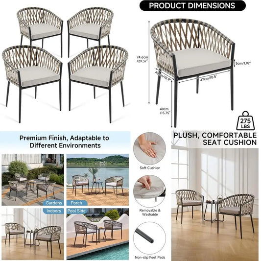 4 outdoor rattan wicker chair with armrest and cushions