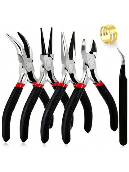 6-Piece Black Jewelry Pliers Set - Pointed/Chain/Round-Nose Pliers & Wire Cutters