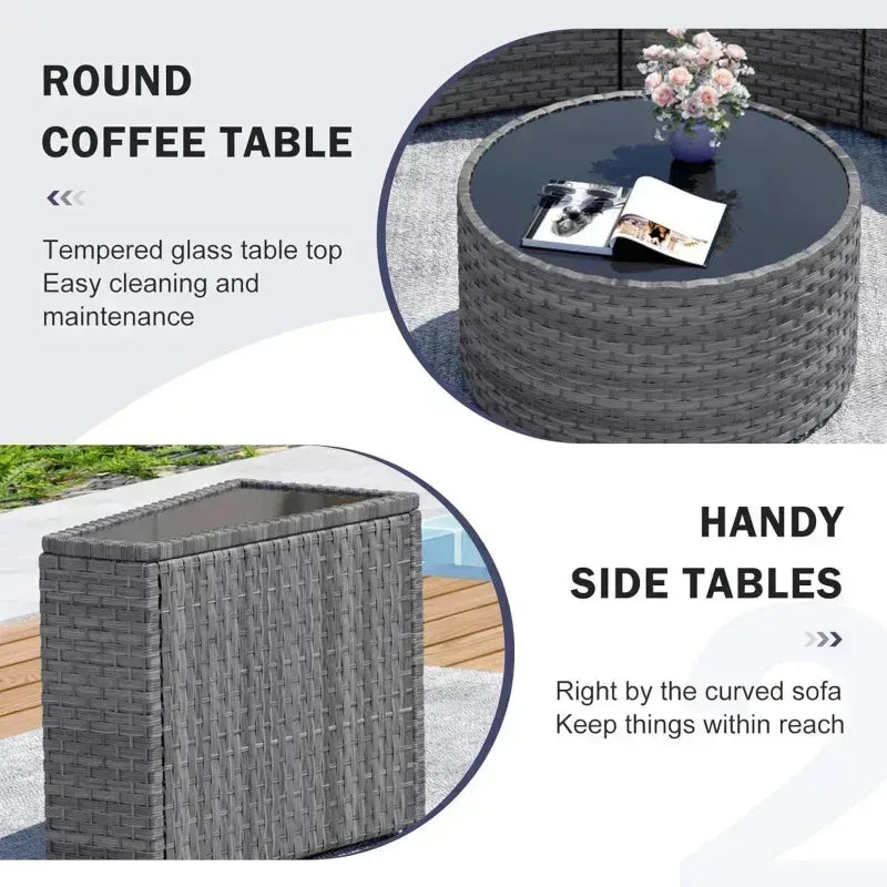 outdoor patio half-moon furniture. Grey rattan
