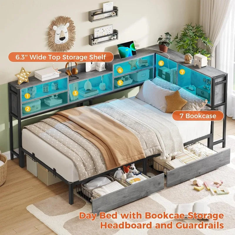 Corner Twin Bed Frame with Bookcase Storage and Led Lights