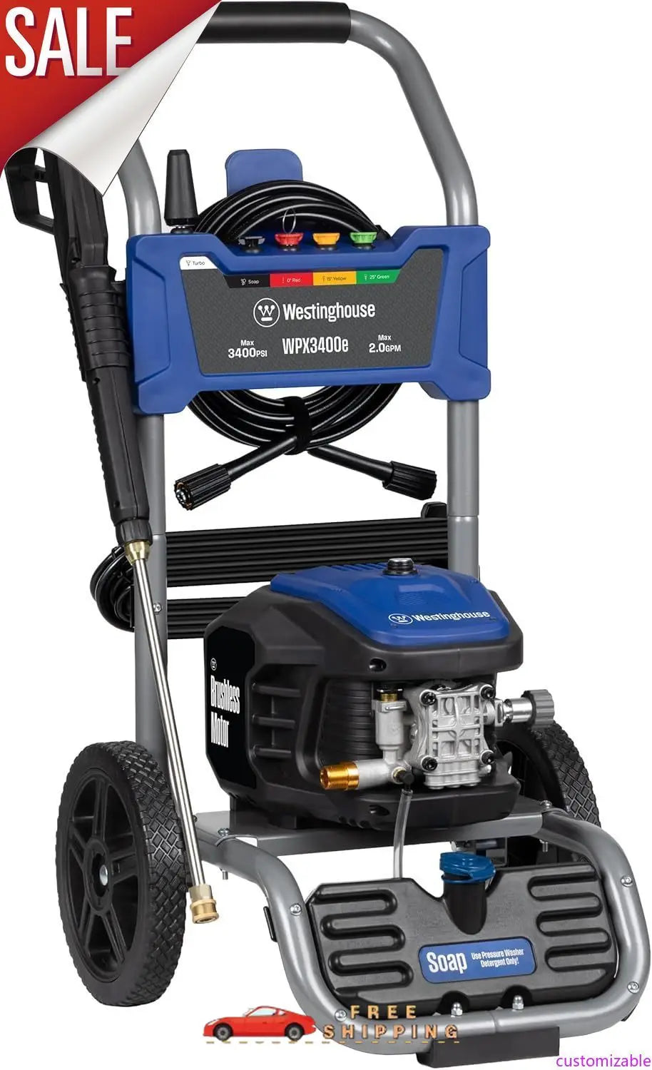 Customizable Electric Pressure Washer, 3400 Max PSI and 2.0 Max GPM