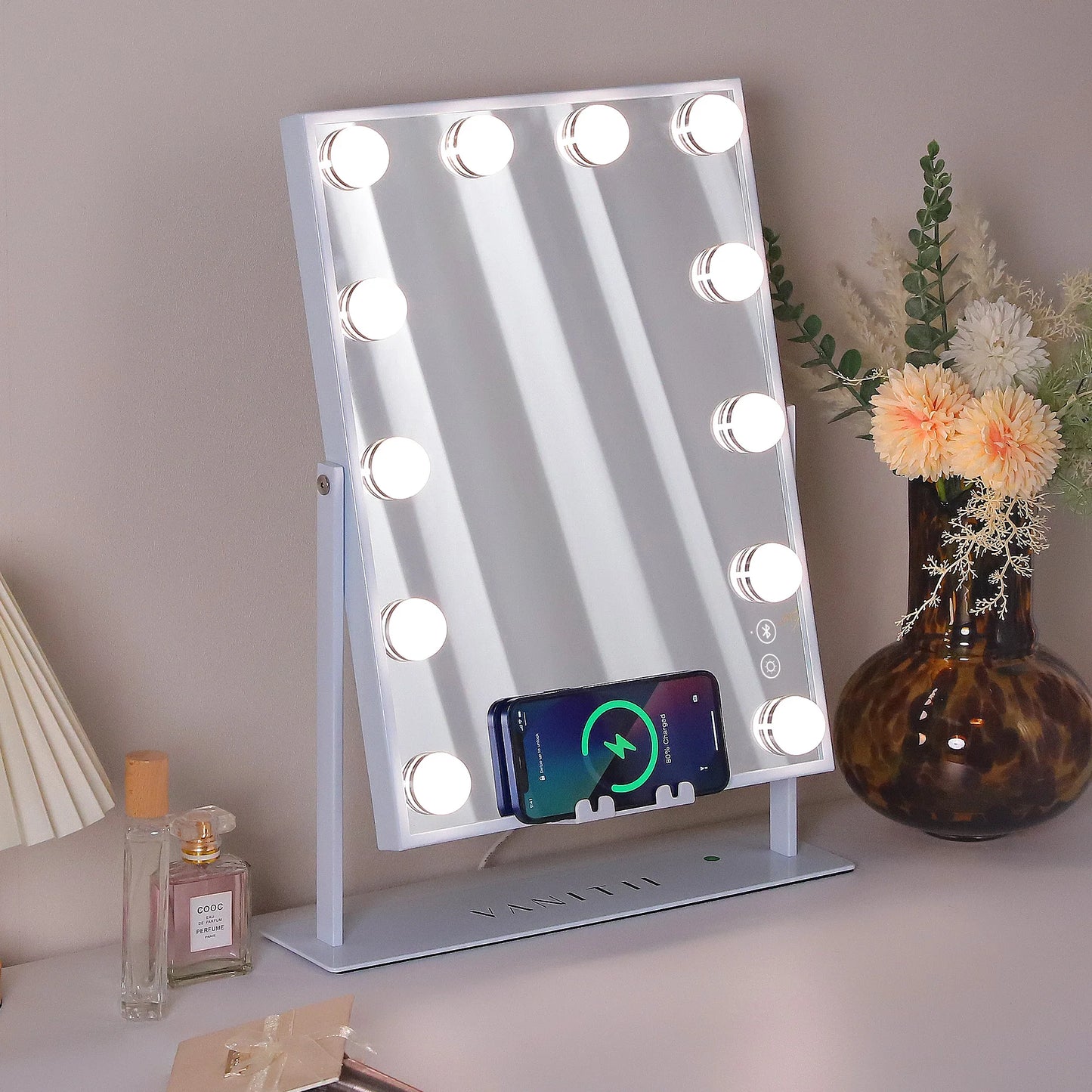 White Vanity Mirror with Lights Wireless Charger Bluetooth Speaker
