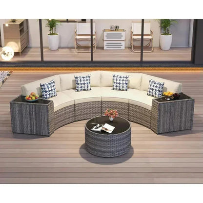 outdoor patio half-moon furniture. Grey rattan