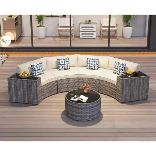 outdoor patio half-moon furniture. Grey rattan