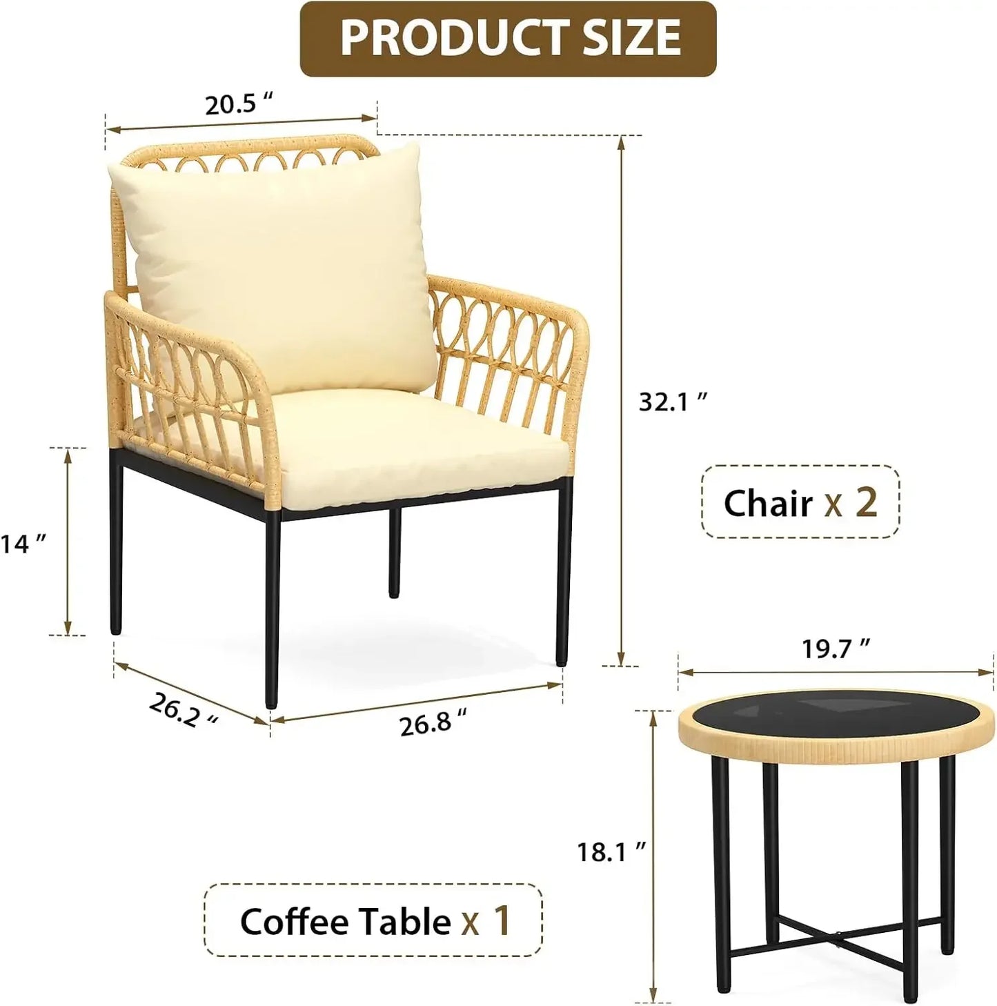 3-Piece Bistro Set, All-Weather Wicker Patio Conversation Set