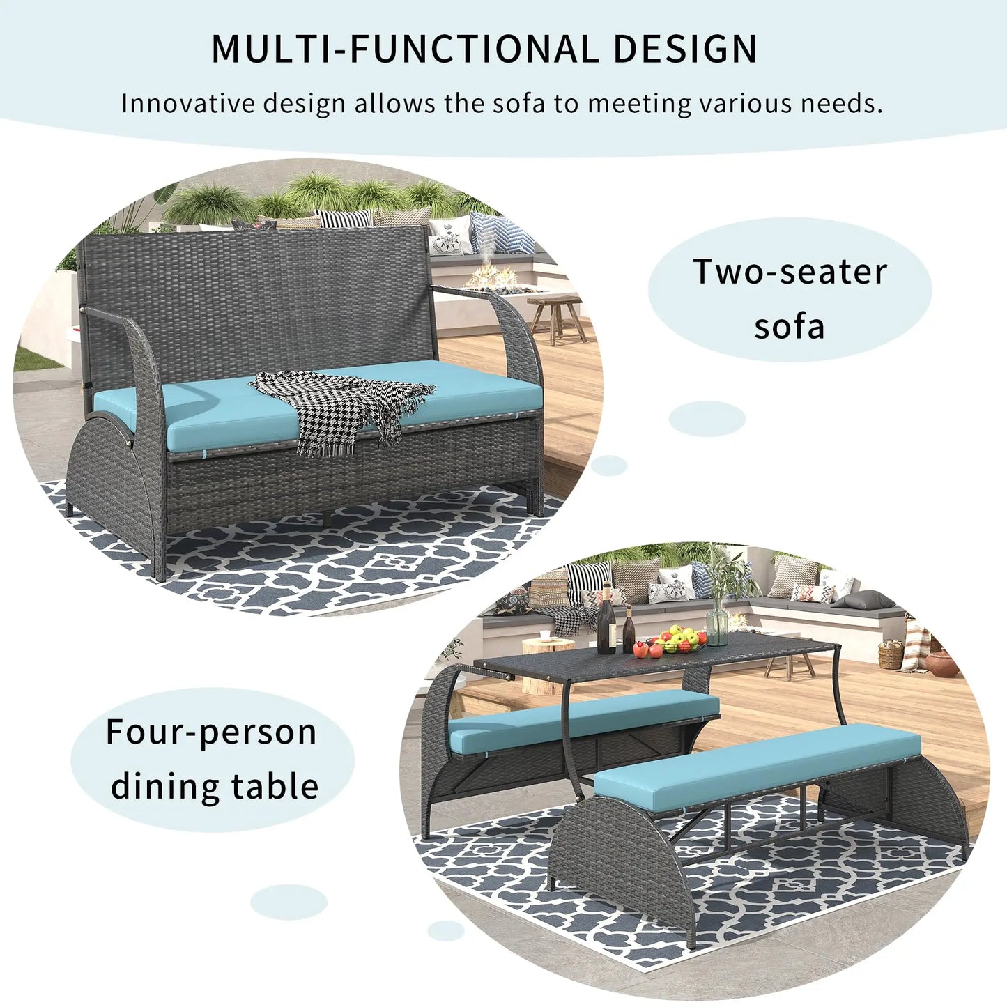 Outdoor Rattan Loveseat Convertible Picnic Upholstered Bench