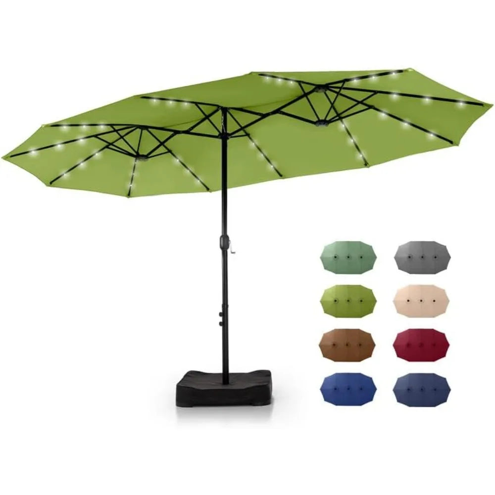 15 ft Rectangle Patio Umbrella with Solar Lights and Base Included