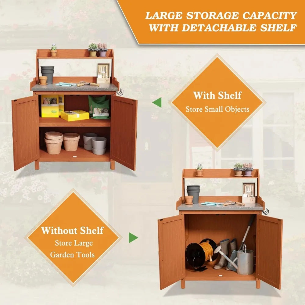 Wooden Garden Potting Table with Metal Tabletop and Removable Shelf