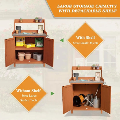 Wooden Garden Potting Table with Metal Tabletop and Removable Shelf