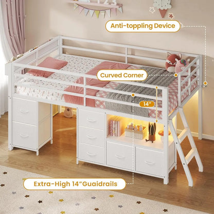 Twin Size Metal Kids Loft Bed with 7 Storage Drawers, Bookcase, LED Lights, and 14 Inches Safety Guardrail