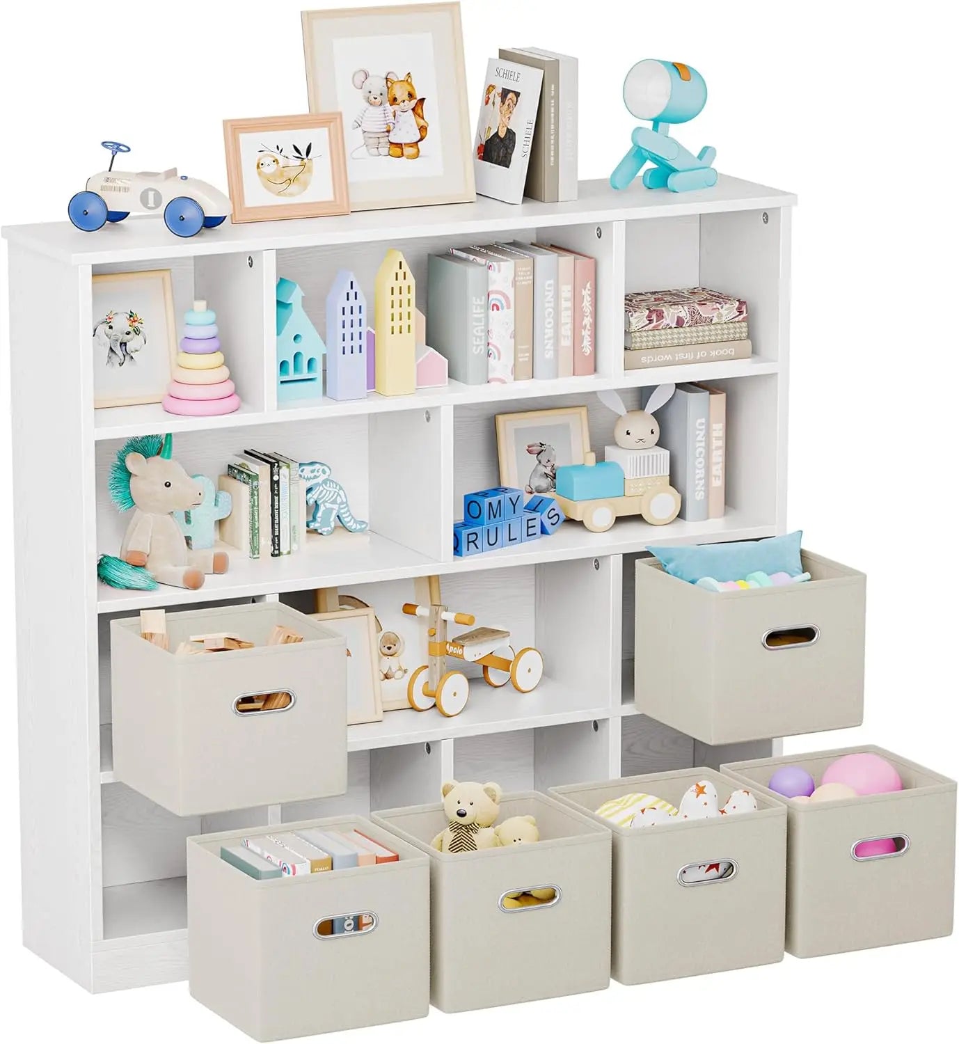 Wooden 12-Cube Storage Organizer Shelf with 6 Bins