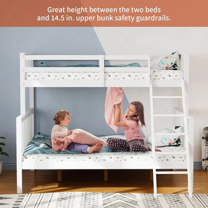 Twin Over Full Bunk Bed, Solid Wood Frame with Ladder & Guard Rail