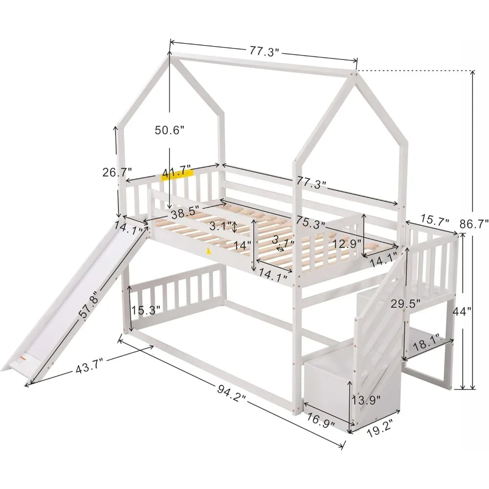 Twin Over Twin Bunk Bed with Slide, Solid Wood