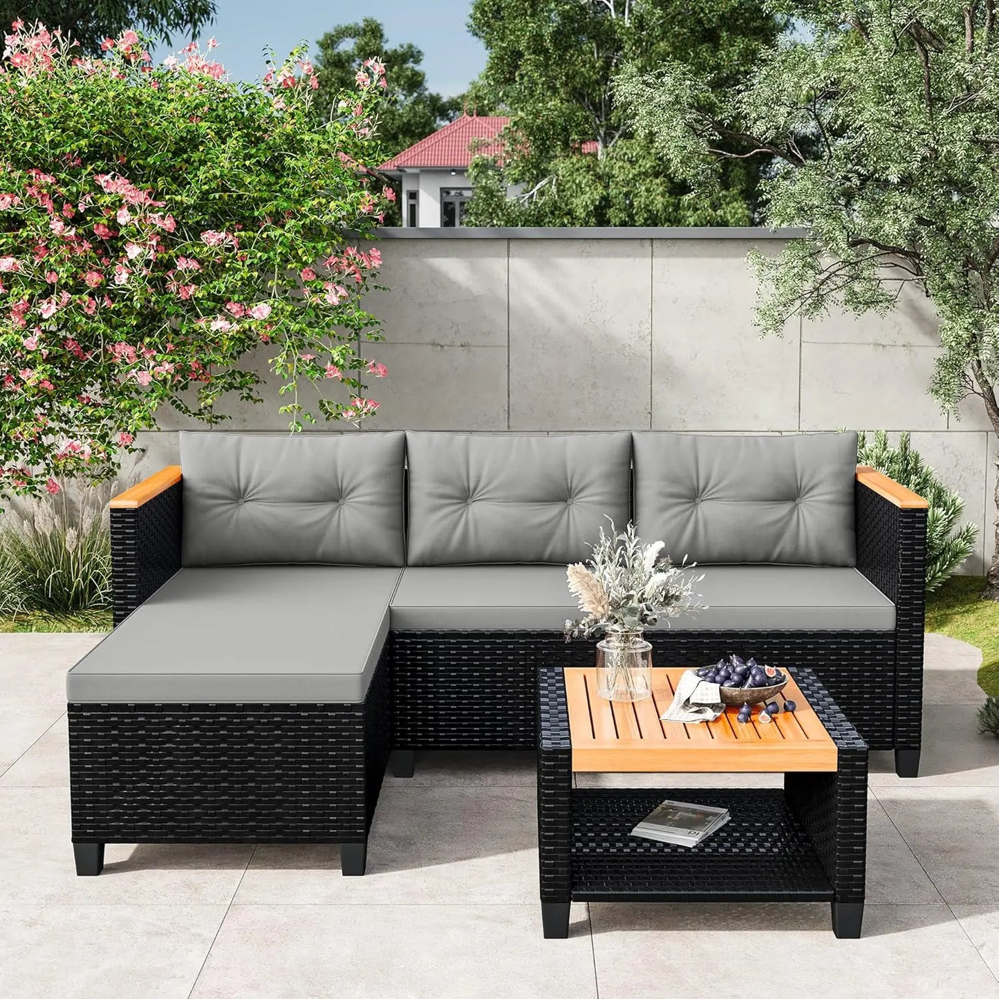 All-Weather PE Rattan Outdoor Sectional Sofa Set with Storage Table and Cushions