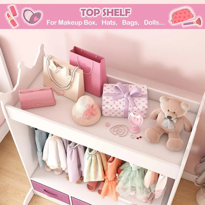 Kids Dresser with Mirror & Drawers, Playroom Storage Closet, White