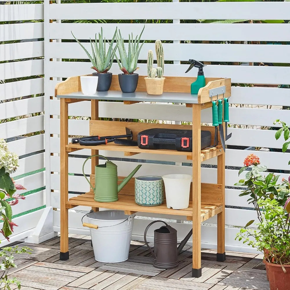 Potting Bench Table wMetal Tabletop for Garden