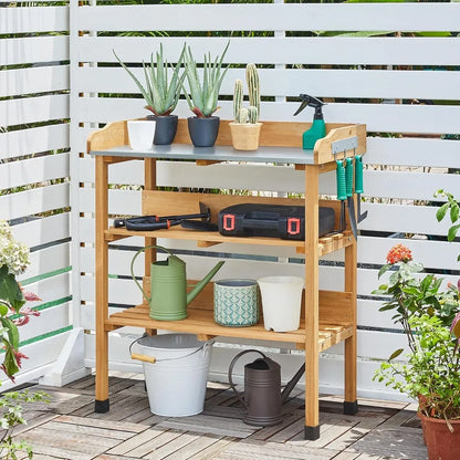 Potting Bench Table wMetal Tabletop for Garden