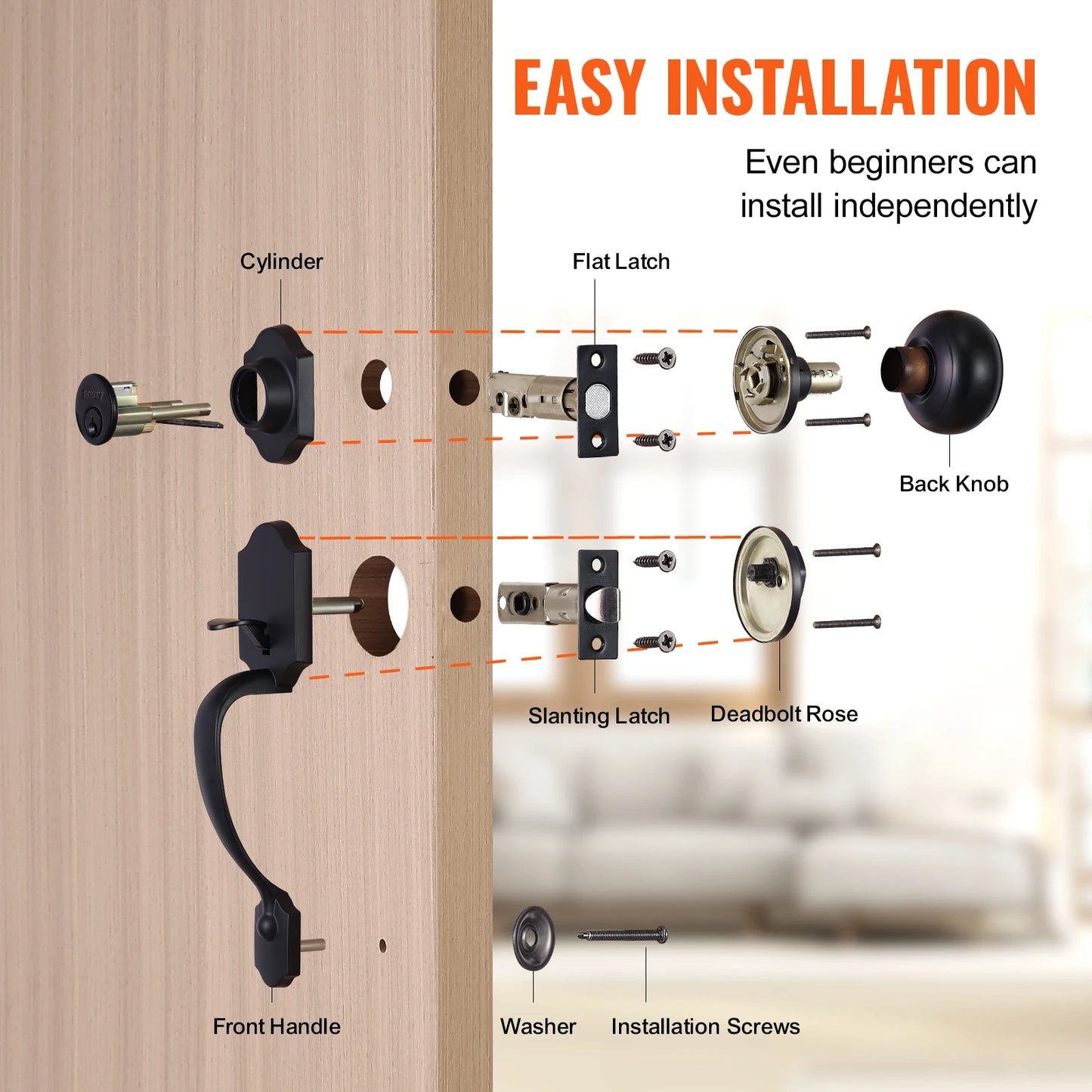 Front Door Handle Deadbolt Set with Interior Knob Adjustable Hole Spacing
