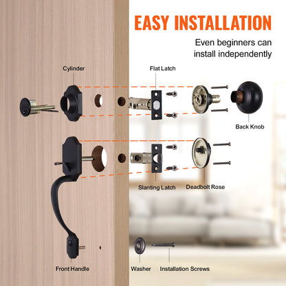 Front Door Handle Deadbolt Set with Interior Knob Adjustable Hole Spacing