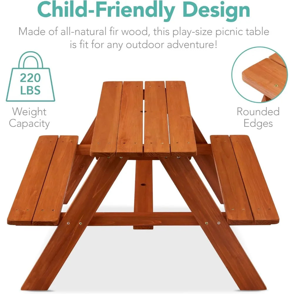 Kids Wooden Picnic Table w/Adjustable Collapsible Umbrella