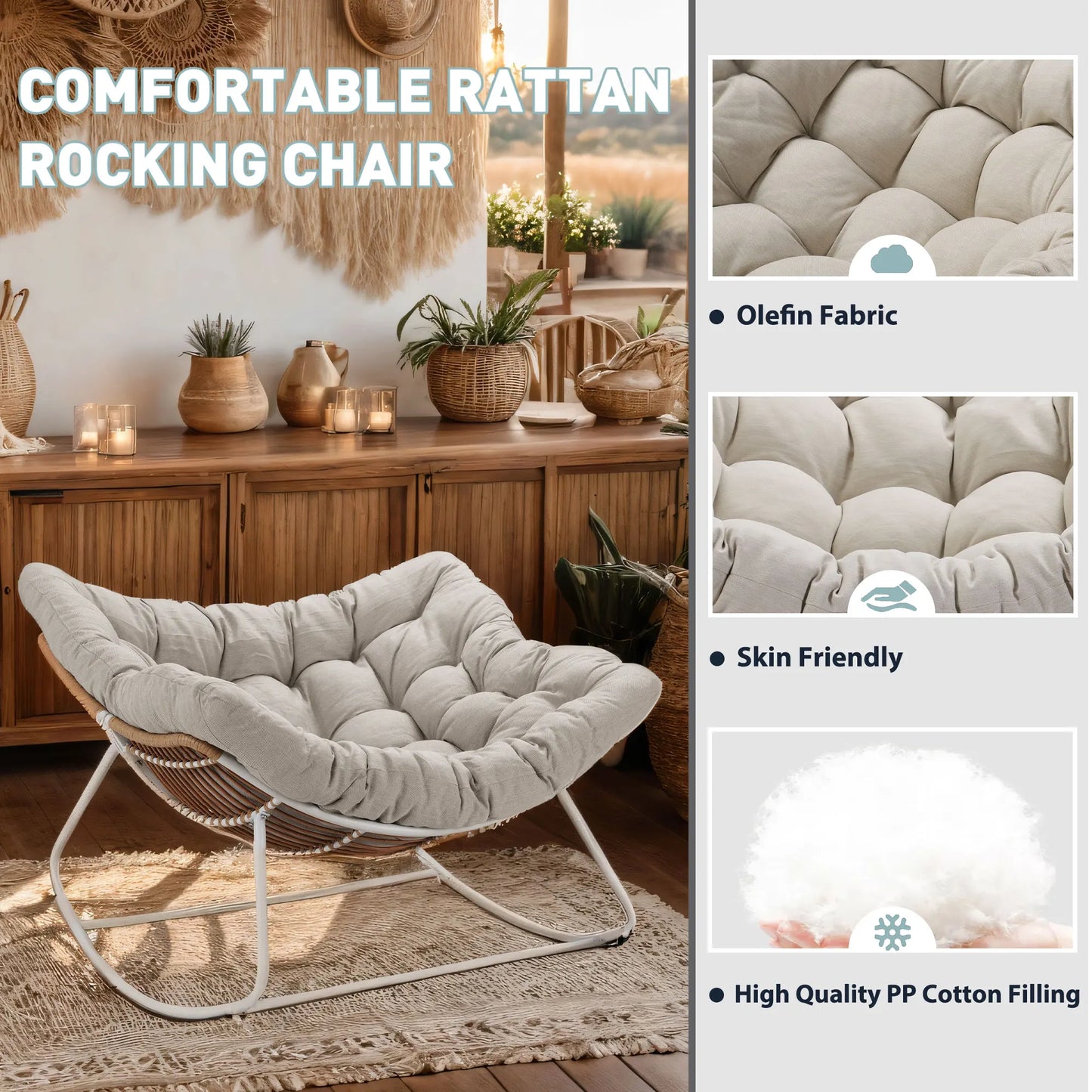 Outdoor Rocking Chair, Patio Wicker Egg Chair,